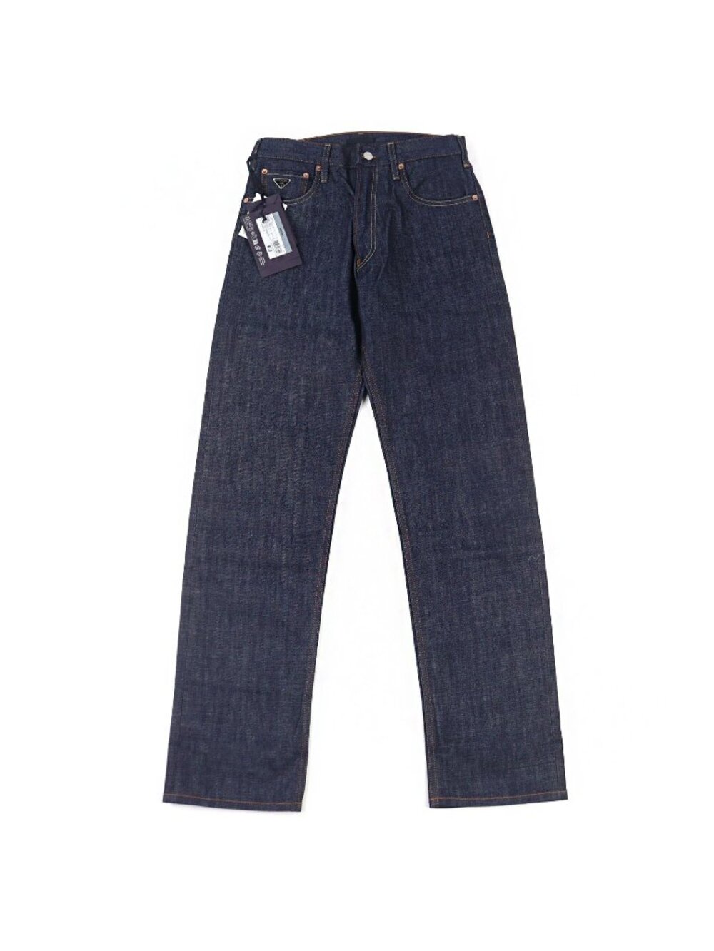 Prada Logo Leather Patch Cinch Back Denim Pants Indigo Blue 29